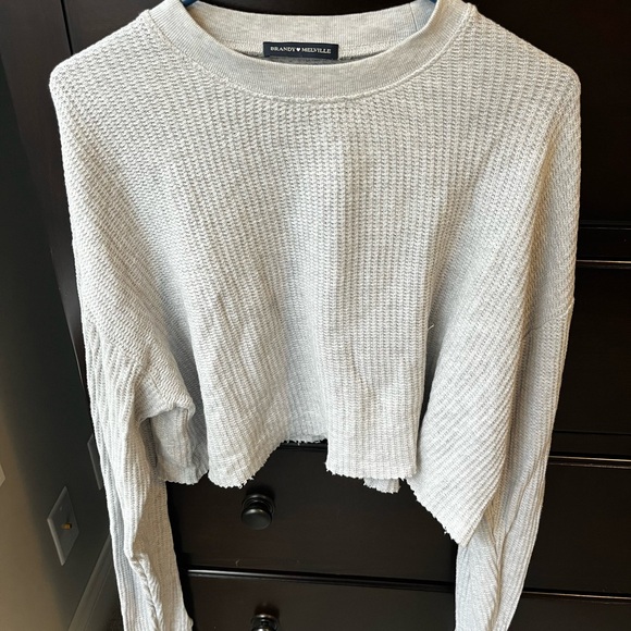 Brandy Melville Cropped Waffle Knit Long Sleeve One Size - Light gray - Raw Hem - Picture 7 of 7